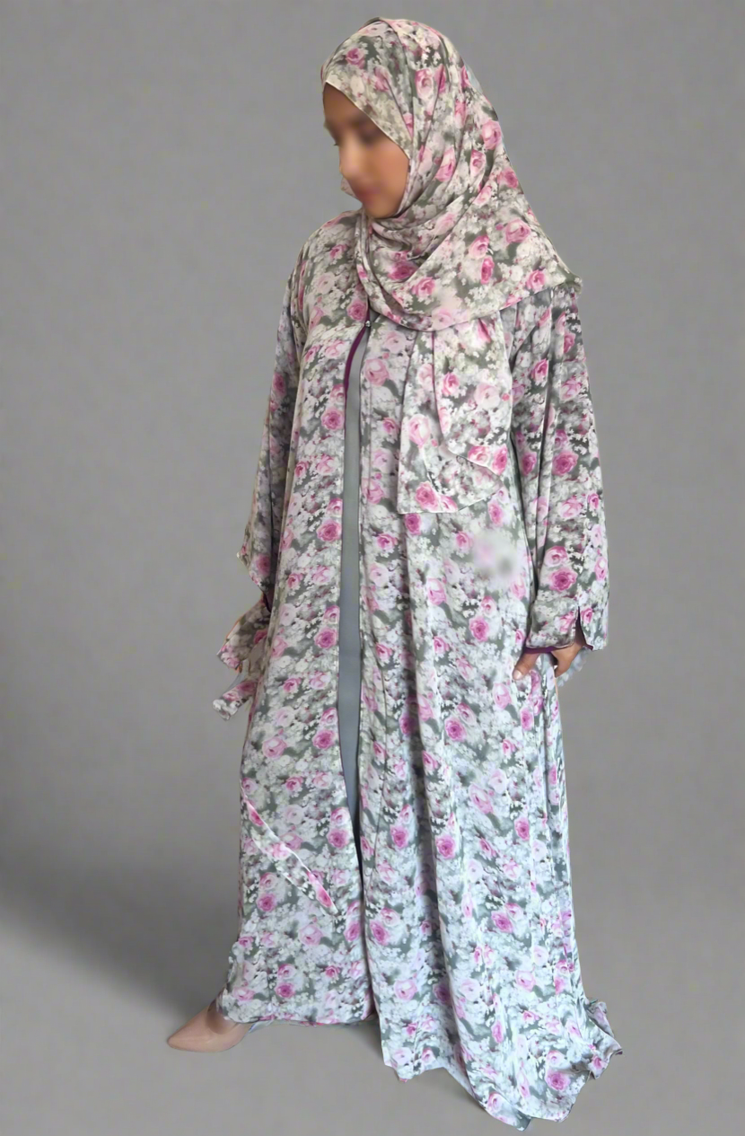 Floral Print Chiffon Abaya in Pink Blossom