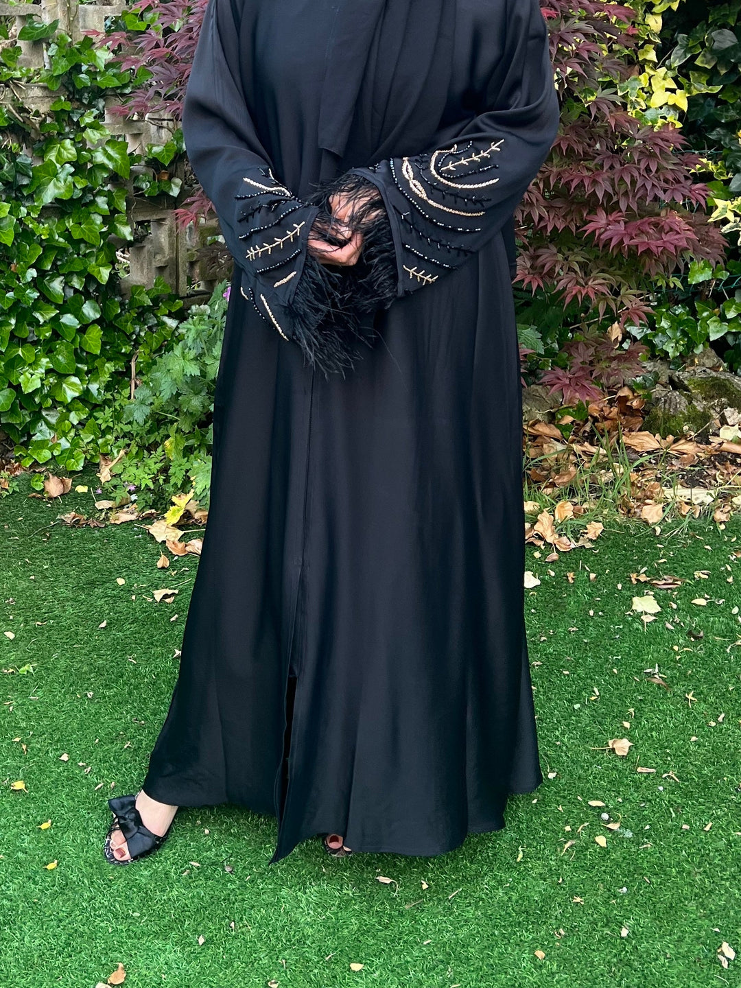 Beaded Satin Feather Abaya in black