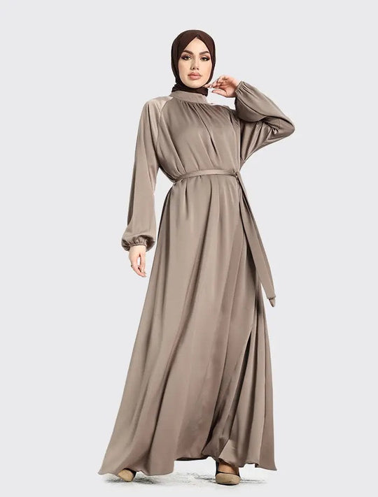 Mock Neck Satin Abaya- Mocha