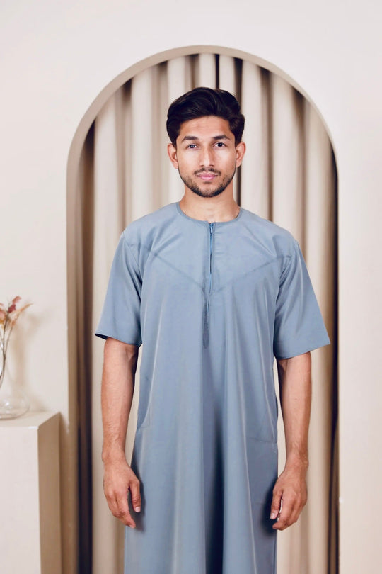 Half Sleeve Zip Thobe/ Jubbah - Light Blue matte