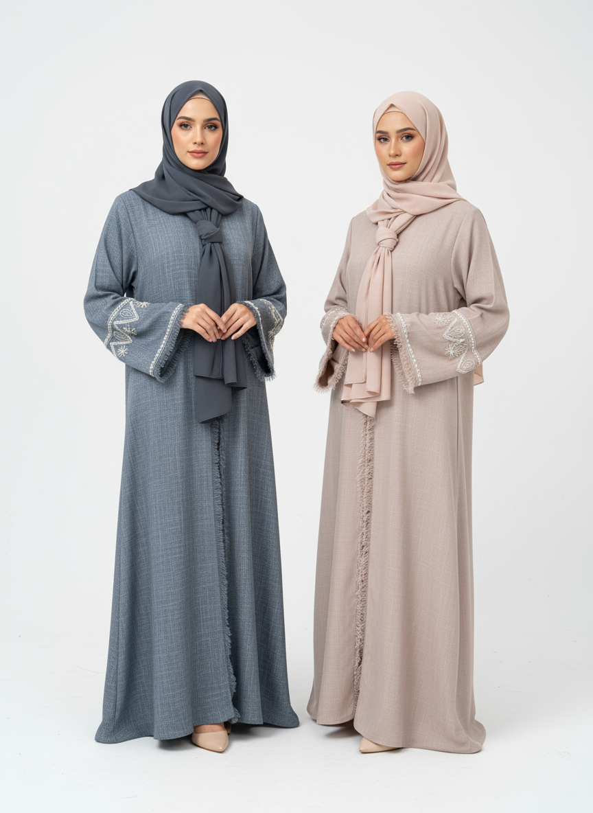 Linen Beaded Abaya with Hijab/ Scarf -  Denim