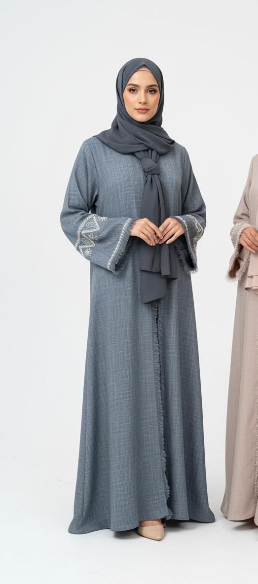 Linen Beaded Abaya with Hijab/ Scarf -  Denim