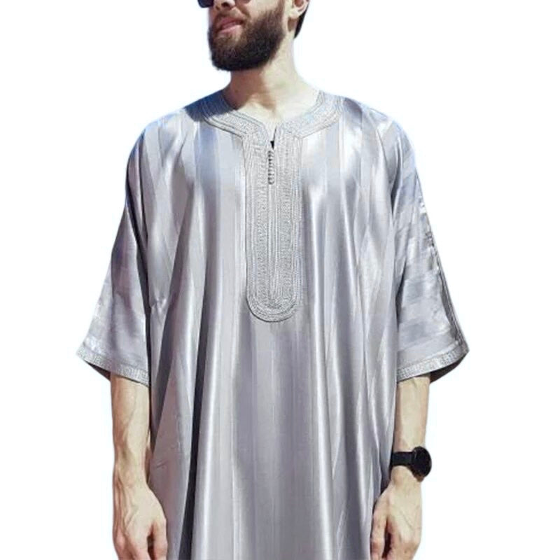 Moroccan Striped Half Sleeve Thobe/ Jubbah -Grey