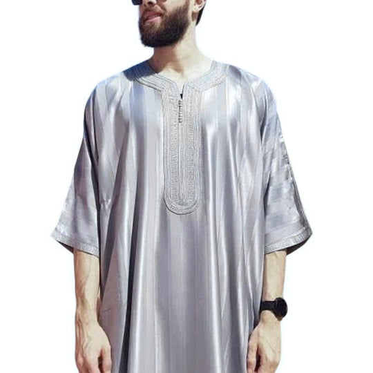 Moroccan Striped Half Sleeve Thobe/ Jubbah -Grey