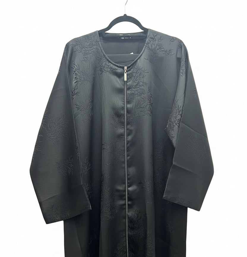 Jacquard print Black Abaya set with Zip Opening