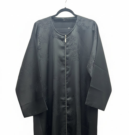 Jacquard print Black Abaya set with Zip Opening