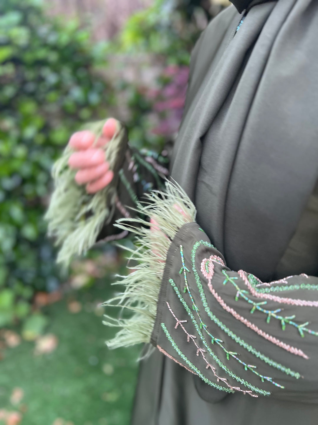 Beaded Satin Feather Abaya in Olive