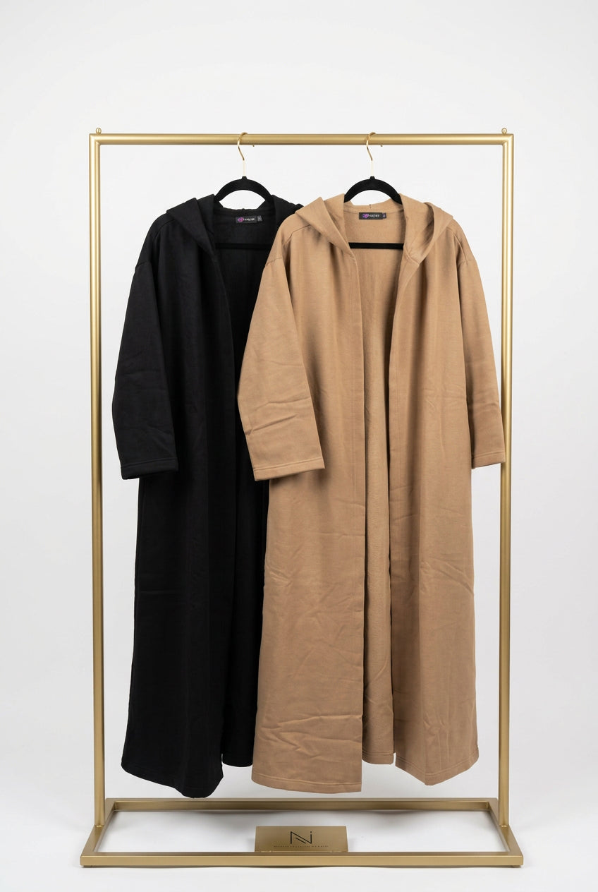 Winter Hooded Open Abaya Black & Camel