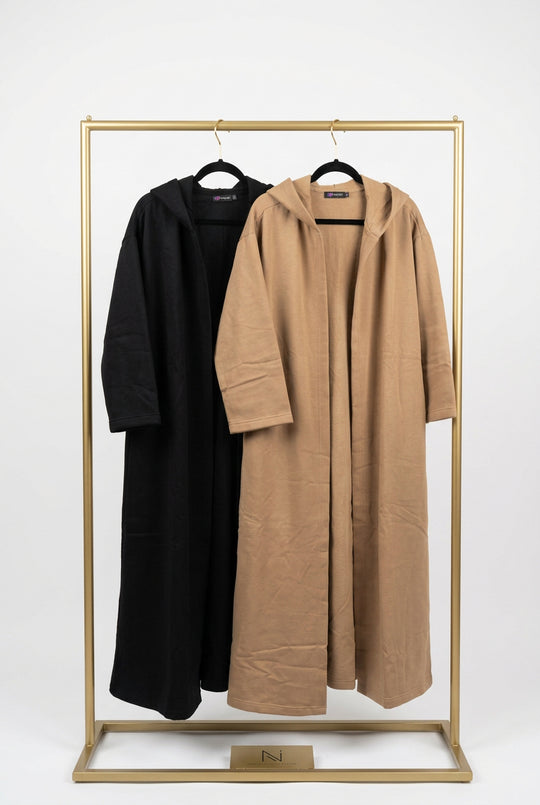 Winter Hooded Open Abaya Black & Camel