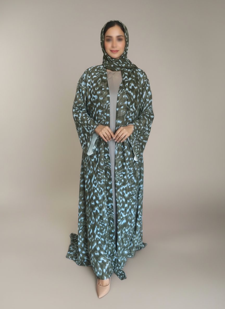Print Double Chiffon Abaya in Khaki