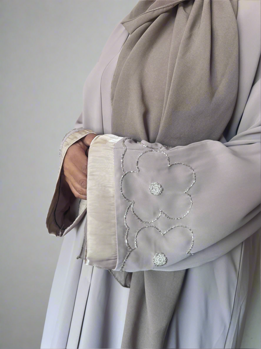 Beaded Flower Nida Abaya with front buttons in Nida