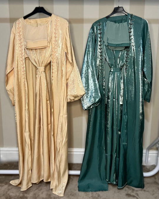 Rotana shimmer Abaya and Slip Full Teal Set TK