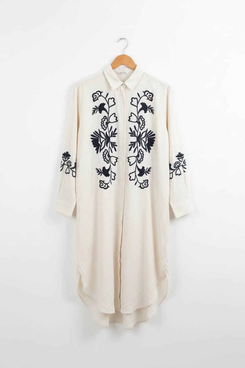 Midi Embroidered Linen Feel Shirt Dress