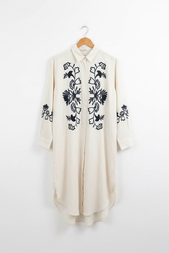 Midi Embroidered Linen Feel Shirt Dress