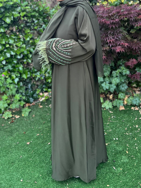 Beaded Satin Feather Abaya in Olive