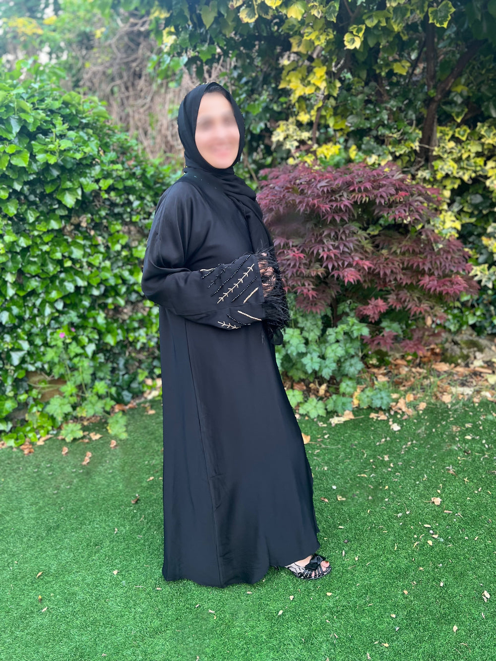 Beaded Satin Feather Abaya in black
