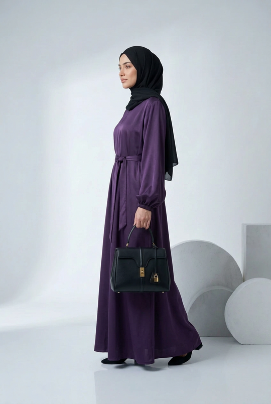 Nida Abaya with Elasticated cuffs and Zip pockets A- Dark Purple