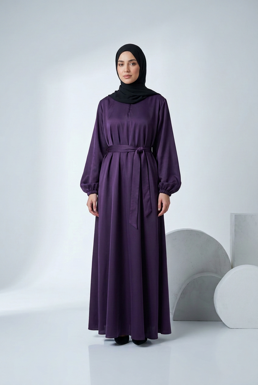 Nida Abaya with Elasticated cuffs and Zip pockets A- Dark Purple