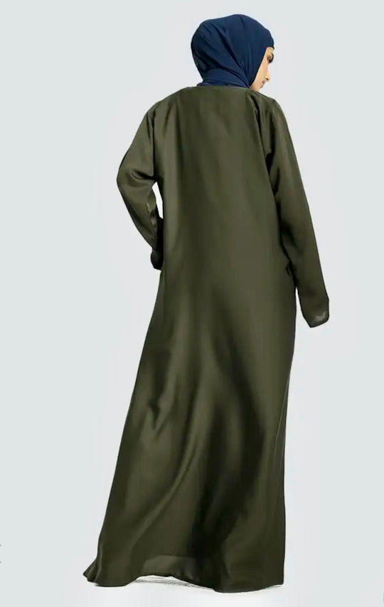 Plain Nida Olive Abaya with Zip Pockets- ZA151