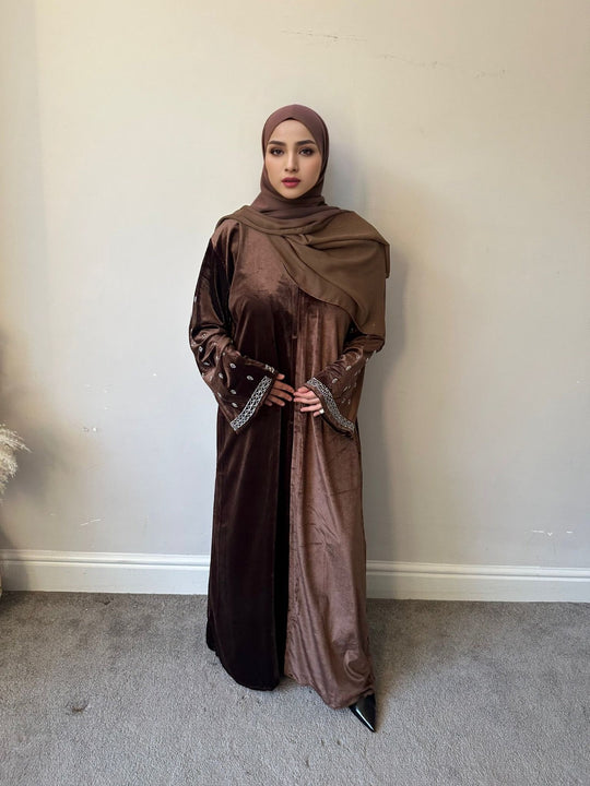 Elegant Velvet Open & close Abaya Brown