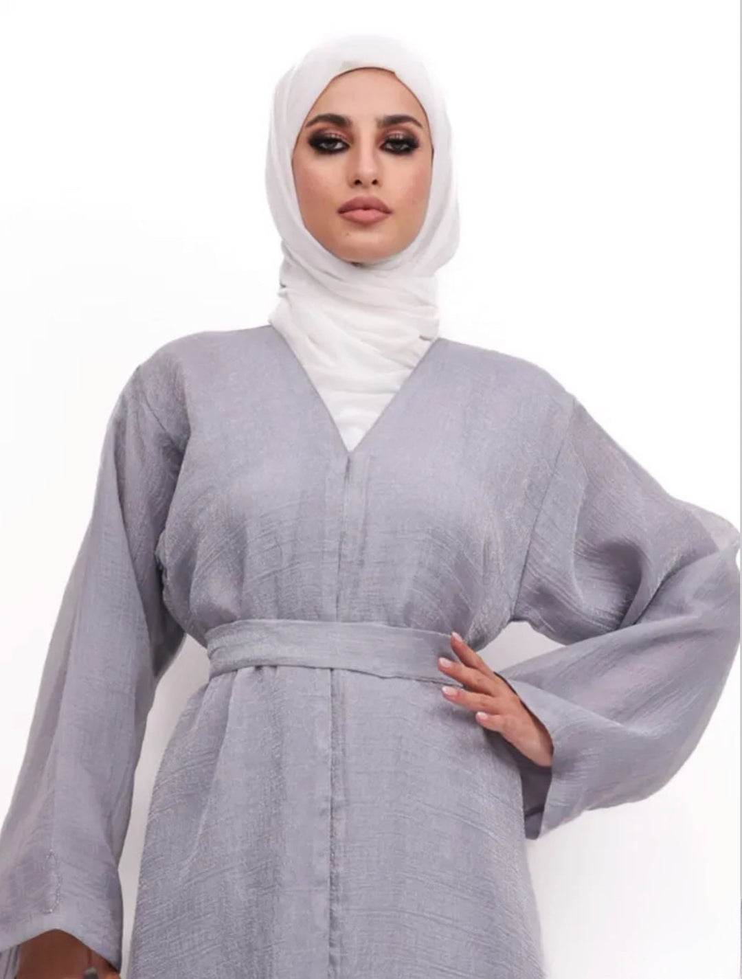 Beaded Organza Kimono Abaya in silver Grey