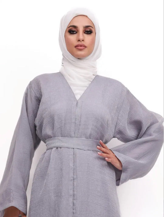 Beaded Organza Kimono Abaya in silver Grey