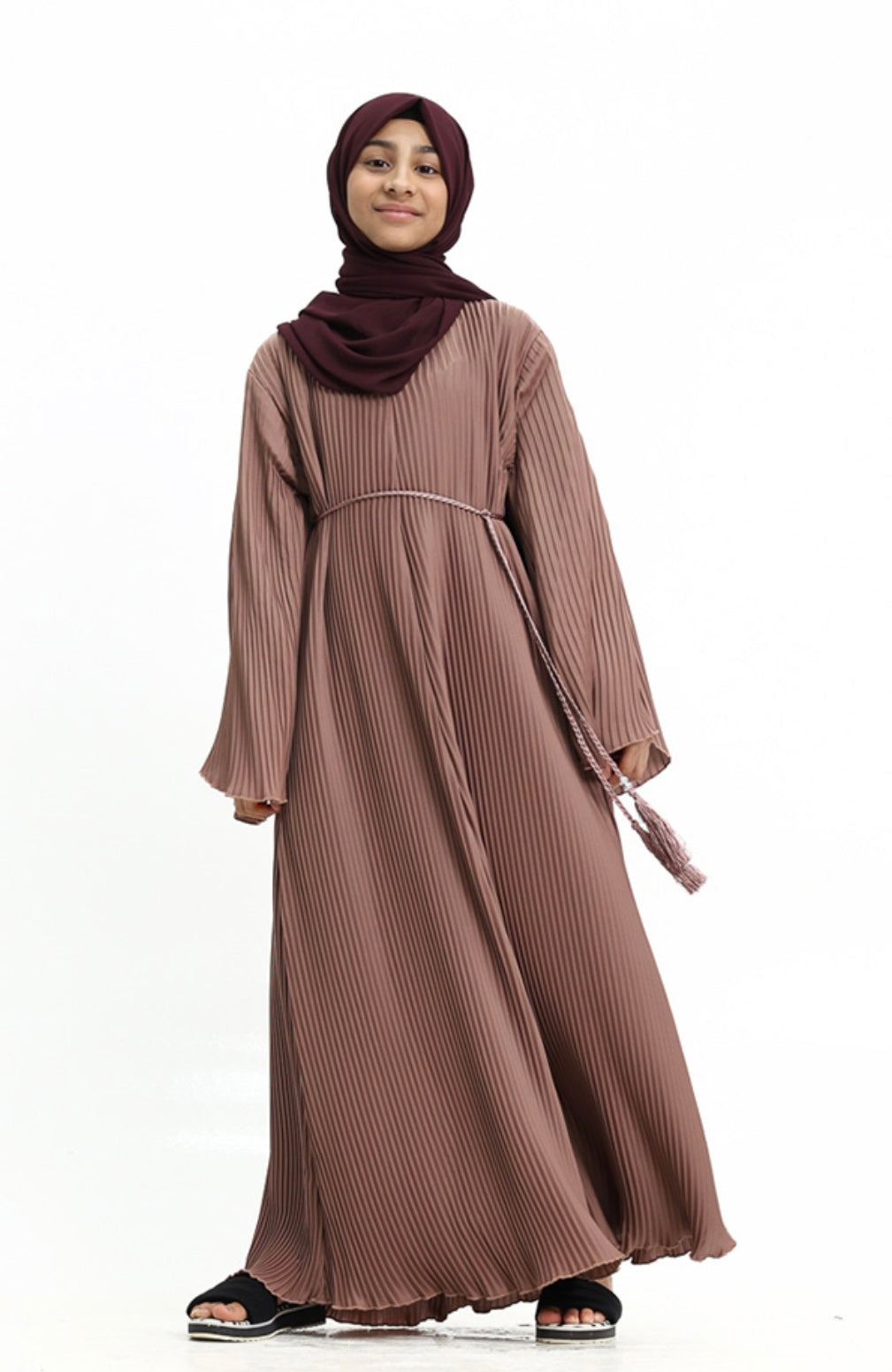 Pleated Girls Abaya with Rope - Rose Gold