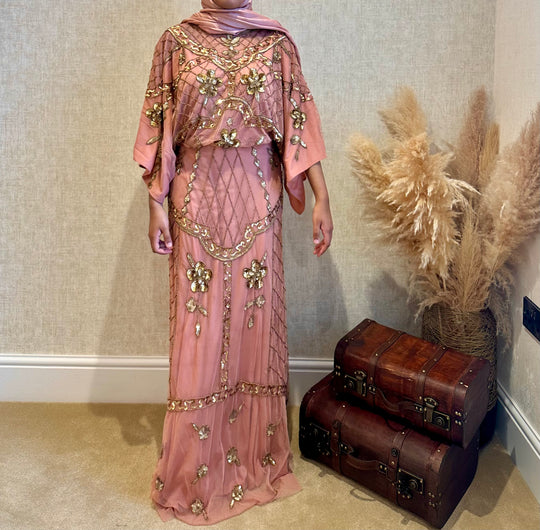 Frock and Frill Embellished Dress With Batwing Sleeves in Dusky Pink