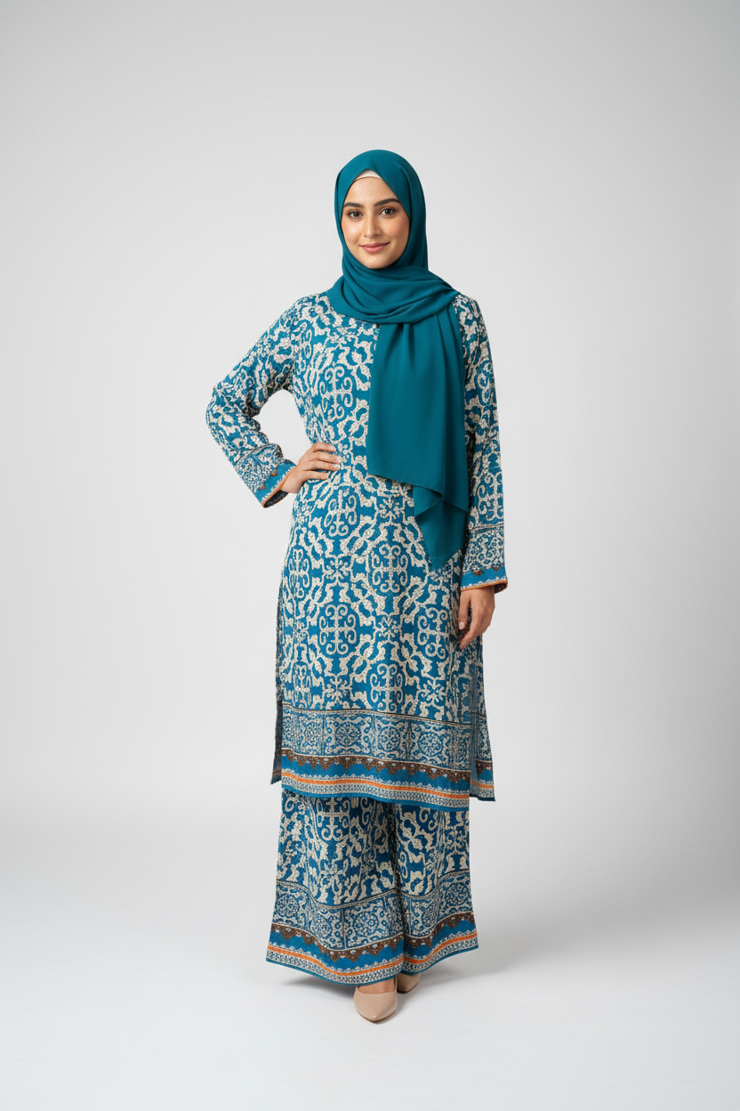 Full printed Bordered Long Line Coord