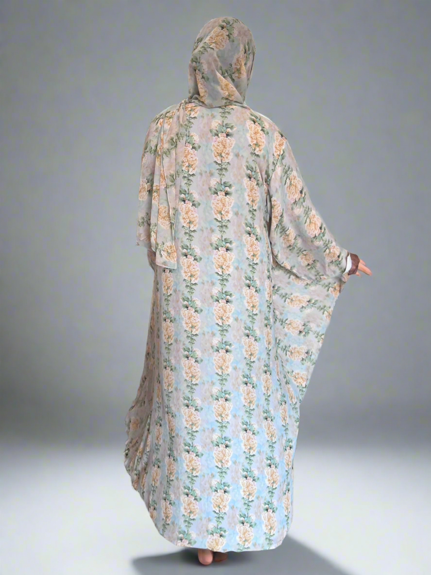 Floral Print Chiffon Abaya in Yellow
