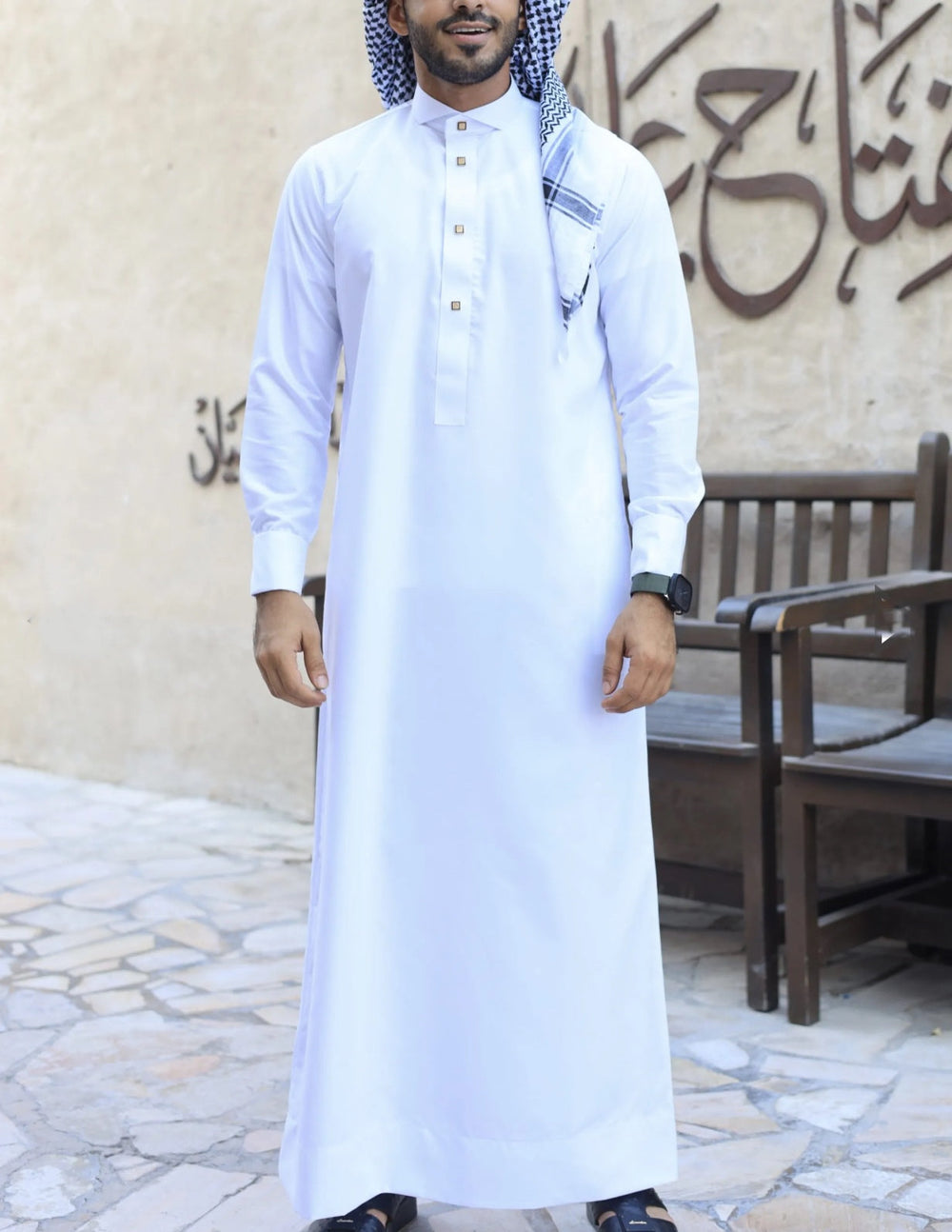 White Thobe With Gold Buttons Luxury Thobes by Al Aniq