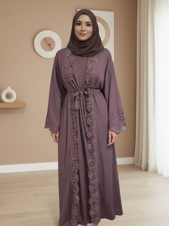 Floral Lace Open Abaya Set with Inner slip