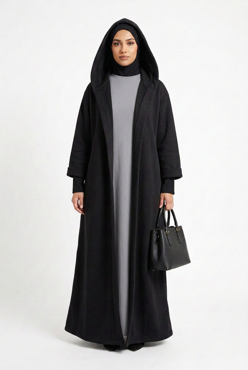 Winter Hooded Open Abaya Black & Camel