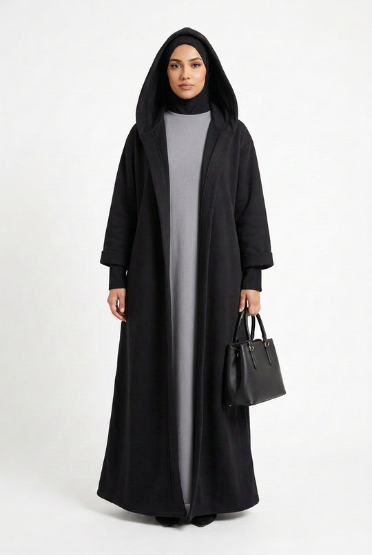 Winter Hooded Open Abaya Black & Camel