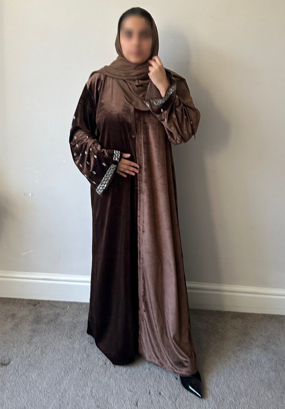 Elegant Velvet Open & close Abaya Brown