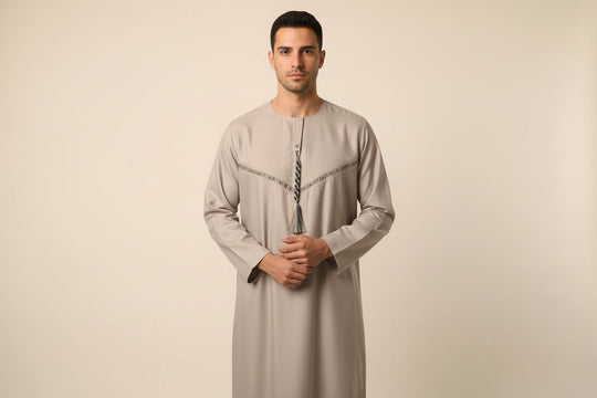 Omani Embroidered Zip Thobe - Stone Matte Ahad