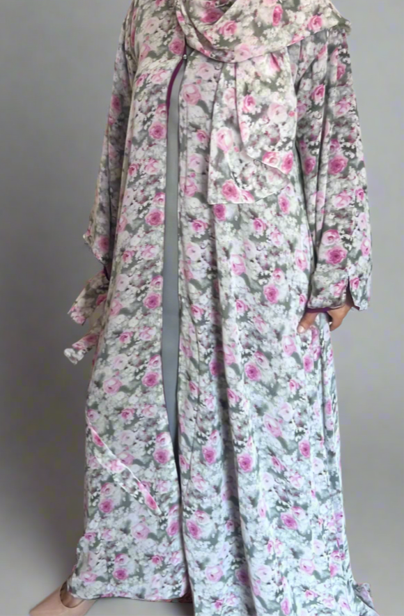 Floral Print Chiffon Abaya in Pink Blossom
