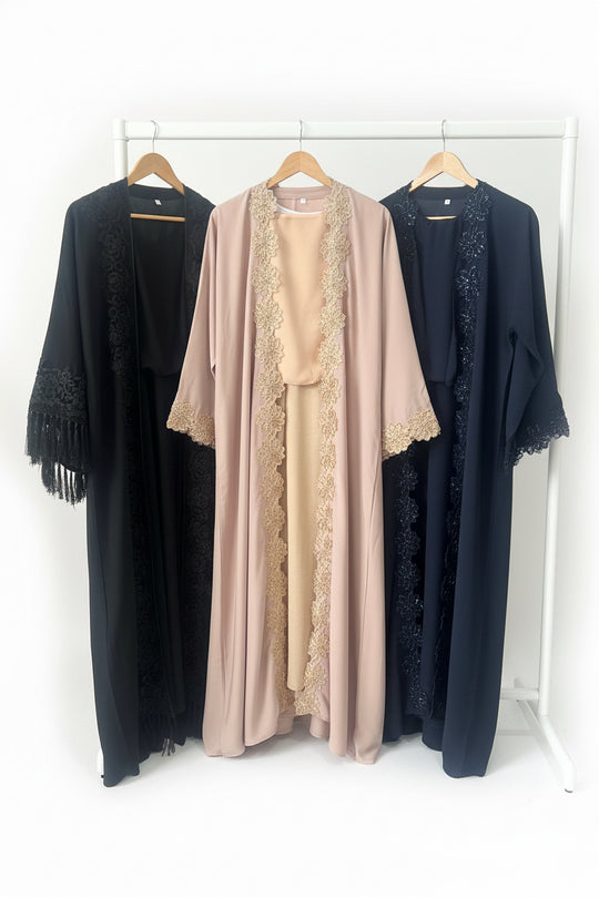 Floral Beaded Lace Edged Abaya Sets