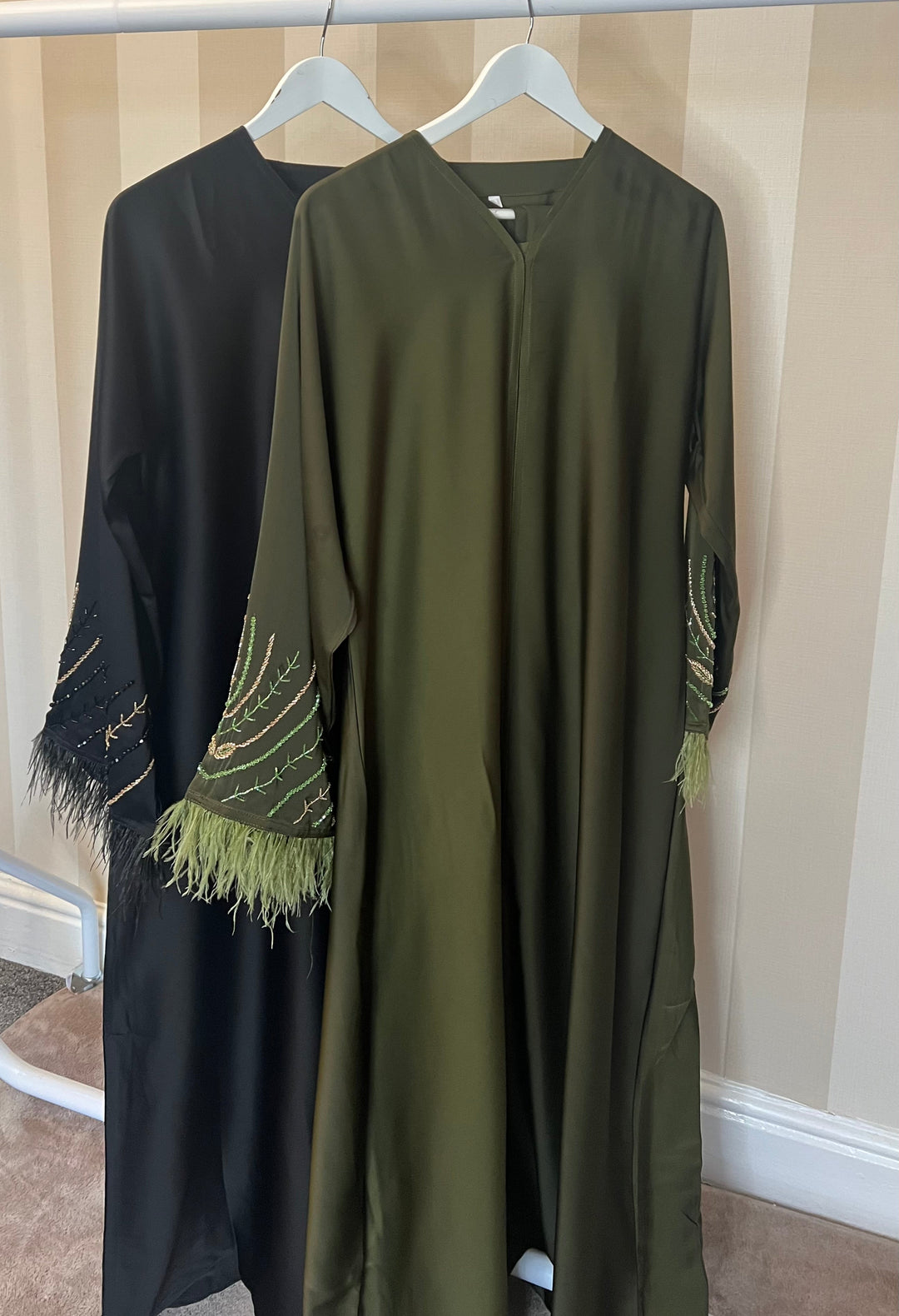 Beaded Satin Feather Abaya in Olive