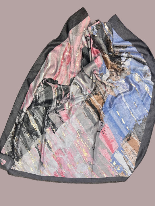Printed Large Bordered Shawls / Scarves/ Wrap with Gold & silver