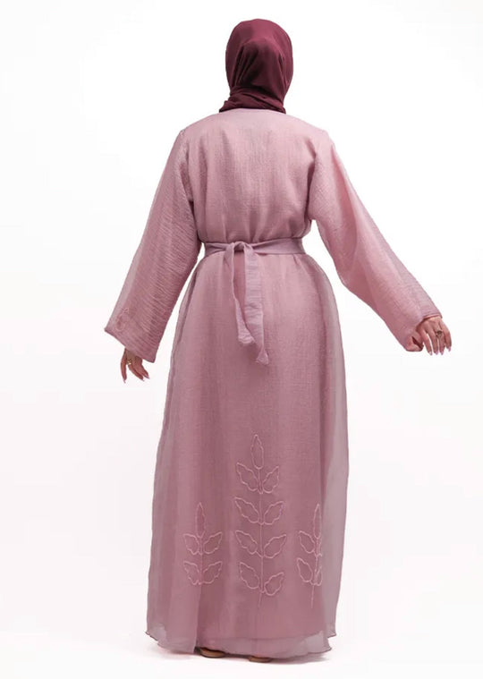 Beaded Organza Kimono Abaya in Pink