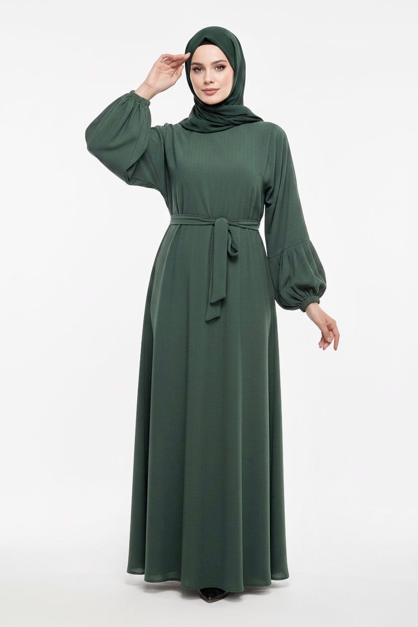 Textured Balloon Sleeve Abayas matching Hijabs Green