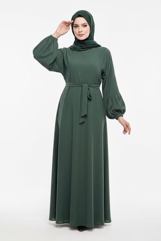 Textured Balloon Sleeve Abayas matching Hijabs Green