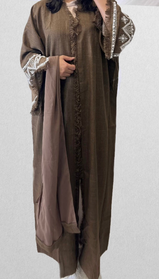 Linen Beaded Abaya with Hijab/ Scarf -  Brown