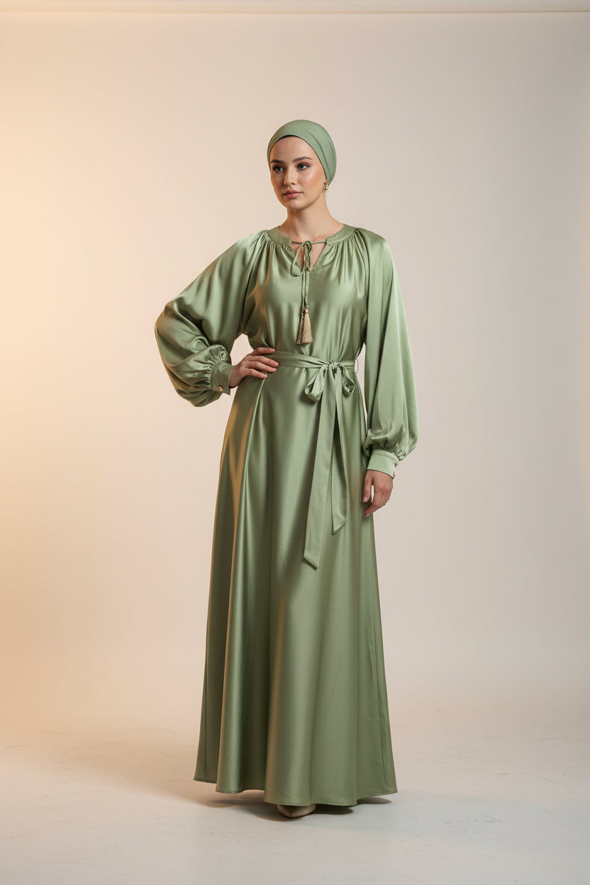 Premium Satin balloon sleeve Belt Dress