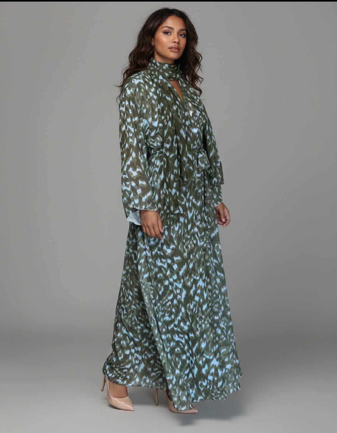 Print Double Chiffon Abaya in Khaki
