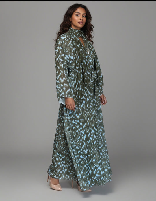 Print Double Chiffon Abaya in Khaki