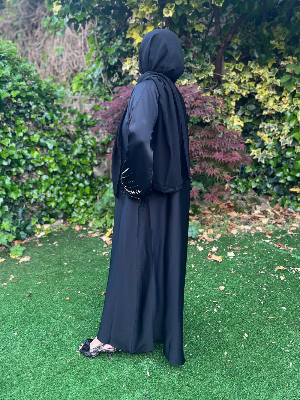 Beaded Satin Feather Abaya in black