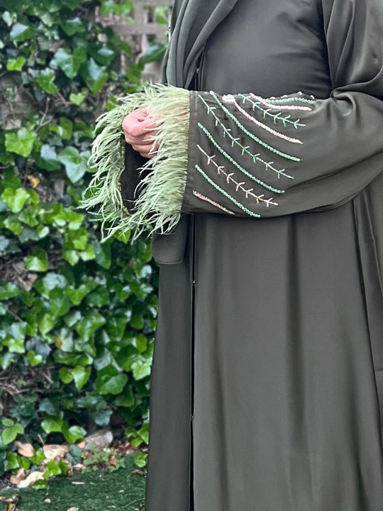 Beaded Satin Feather Abaya in Olive