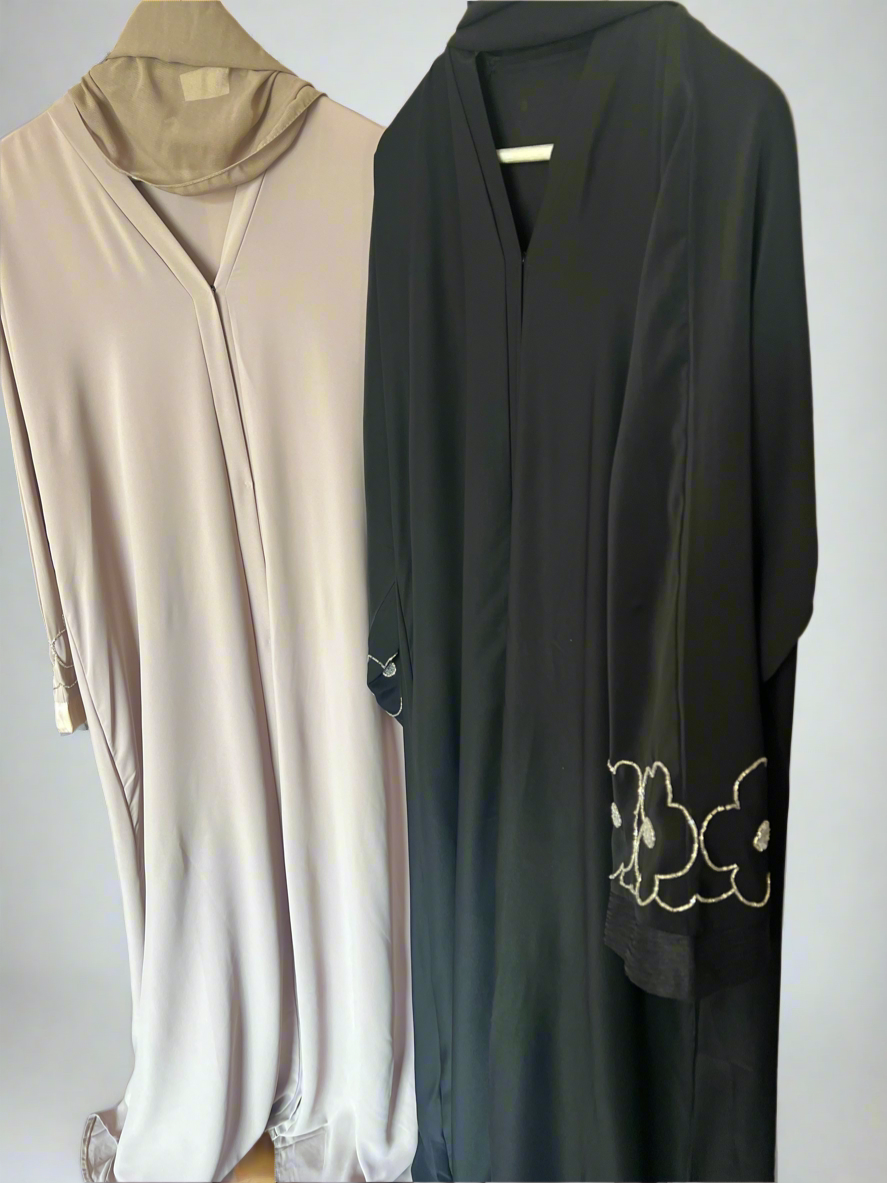 Beaded Flower Nida Abaya with front buttons in Black